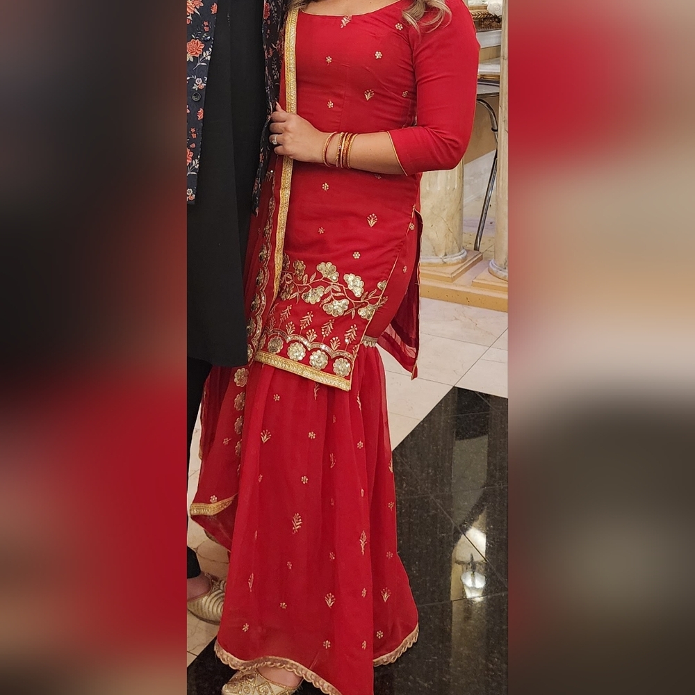 Red Traditional Embroidered Sharara with Gold Accents
